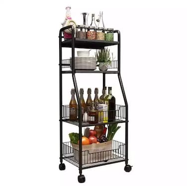 4-Tier Rolling Storage Cart with Wire Baskets &ndash; Heavy-Duty Metal Organizer for Kitchen, Pantry, Bathroom, and Office