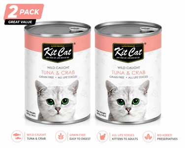 Pack of 2 -Kit Cat Wild Caught Tuna with Crab Canned Cat Food 400g