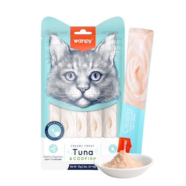 Wanpy Creamy Lickable Cat Treats &ndash; Tuna &amp; Codfish (14gx5)