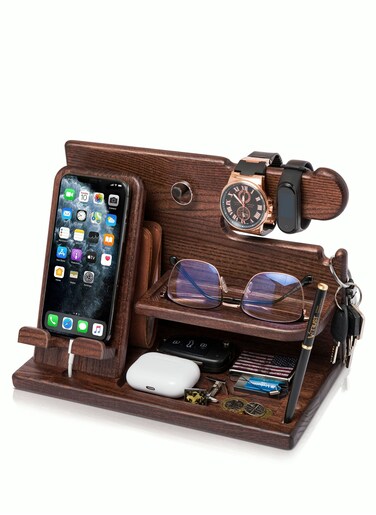 Wood Phone Docking Station Key Holder Watch Desk Organizer Gifts for Men and Women Desk Accessories