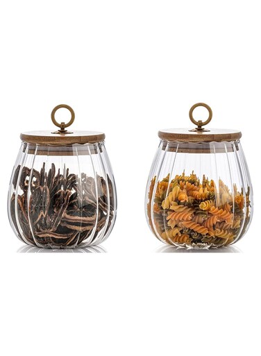 Glass Storage Jars with Airtight Lids, Decorative Coffee Bar Container with Airtight Bamboo Lid Metal Ring Canisters Sets for Home Kitchen Storing Candy, Cookie, Nuts, Oatmeal (Oval, 2pcs)