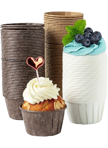 seven 150pcs Heavy Duty Cupcake Cases - Greaseproof Muffin Cups for Weddings, Birthdays &amp; Parties - White, Brown, Dark Brown Disposable Baking Cups