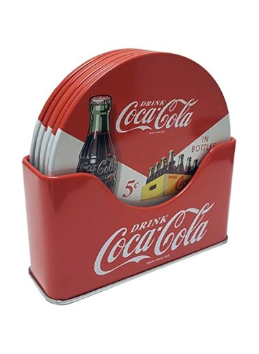 The Tin Box Company Coke 6 pc Coaster Set with Standing Metal Holder, Red