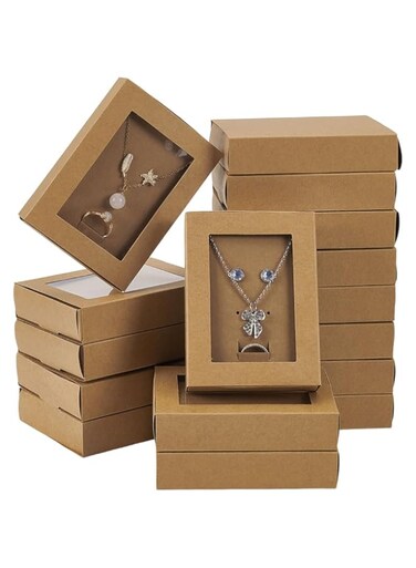 FINGERINSPIRE 16 Sets Kraft Paper Jewelry Display Drawer Box with Clear Window 4.5x3.4x1 Inch Jewelry Necklace Boxes Ring Earring Jewelry Gift Boxes in Bulk for Earing Pendants Rings Storage Display