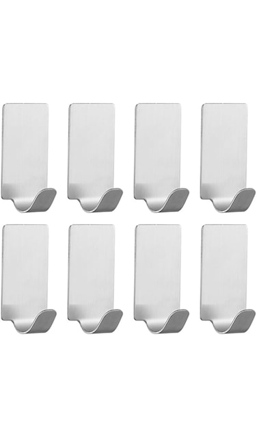 ECVV 8 Pack Self-adhesive Hooks, Heavy Duty Stainless Steel Wall Holder, Waterproof Towel Hanger for Home Kitchen Bathroom-Silver