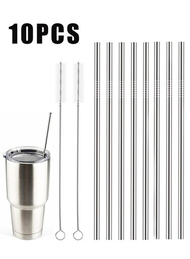 Reusable Stainless Steel Drinking Straws with Brushes, Silver for Coffee Juice Tumblers Cups
