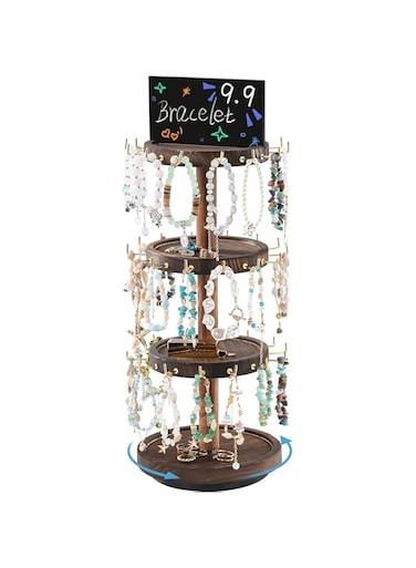 Lolalet 4 Tier Bracelet Holder, Wooden Rotating Jewelry Display Stand with 42 Hooks Jewelry Tray 360 Degrees Rotatable Rustic Tree Storage for Bracelets Key Chains Small Accessories -Darkbrown