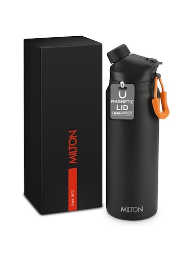 MILTON 940ml Vacuum Insulated Water Bottle with Magnetic Straw Lid, Keeps Drinks 12 Hrs Hot &amp; 24 Hrs Cold, 18/8 Stainless Steel, Double-Walled Flask with Inner Copper Coating for Sports - Turk - Black