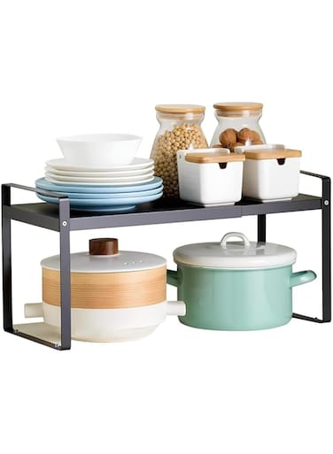 U-HOOME Expandable Cabinet Shelf Organiser Storage Rack, Kitchen Cabinet Organizer Shelf, Cupboard Stand Spice Rack, Stackable Heavy Duty Plate Pantry Shelves Space Riser for Kitchen Bathroom (Black)