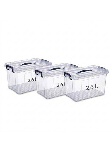Storage Box 2.6L Set of 3 Transparent Plastic Organizer Boxes with Lids Multipurpose Home Storage Containers
