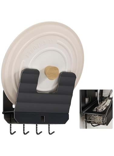 Pot Lid Holder, Wall Mount Lid Organizer Pot Lid Storage Rack Heavy Duty Lid Organizer Cutting Board Rack Chopping Board Organizer Spoon Hook Organizer Kitchen Lid Holder for Kitchen, Matte Black
