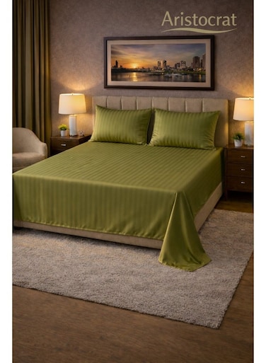 3&acirc;&euro;&lsquo;Piece Striped Microfiber Flat Bed Sheet Set, suitable for Queen and King sizes, 220x240cm &acirc;&euro;&ldquo; Soft Breathable Flat Sheet with 2 Pillowcases 50x70cm, Olive Microfiber Olive 220x240cm