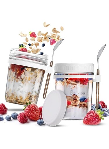 Glass Storage Jars with Airtight Lids &amp; Spoon   Overnight Oats Jars,Container with Measurement Marks, Wide Mouth Portable Jars Breakfast Container for Salads, Yogurt, Cereal Milk, Oatmeal,&amp; More 300ml ( White )