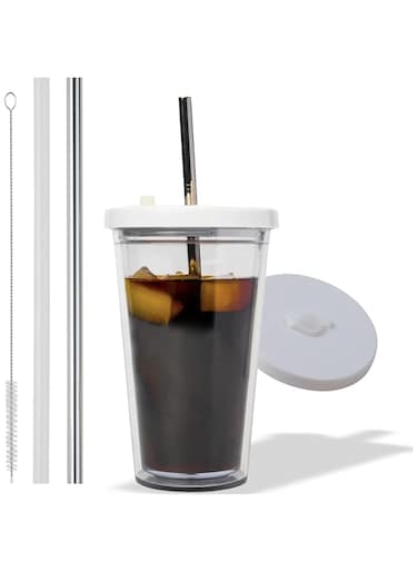 Kensal Home Reusable Iced Coffee Cup (16 Oz/Grande), Leak Proof and Double Wall Insulated Iced Coffee Tumbler, with Reusable Plastic and Metal Straws and Straw Cleaner