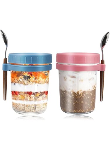 URbazaar Overnight Oats Jars with Lid and Spoon, 350ml Airtight Oatmeal Container with Marks, Leakproof Wide Mouth Portable Mason Jars Breakfast Container for Salads Yogurt Cereal Milk (Pink+Blue)