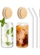 Drinking Glass with Bamboo Lid and Glass Straw,16oz Beer Can Shaped Glasses Cups,Tumbler Cup Smoothie,Tea,Soda,Iced Coffee