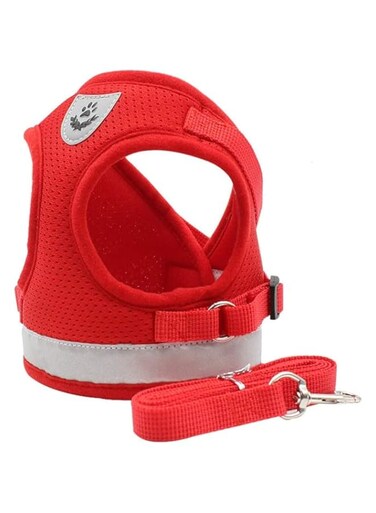 Mumoo Bear Dog Harness for Small Dog Cat, No Pull Step-in Soft Mesh Padded Vest Harness Leash Set with Reflective Stripe and Logo, Puppy Dog Lead for Daily Walking Running Training - (Red, M)