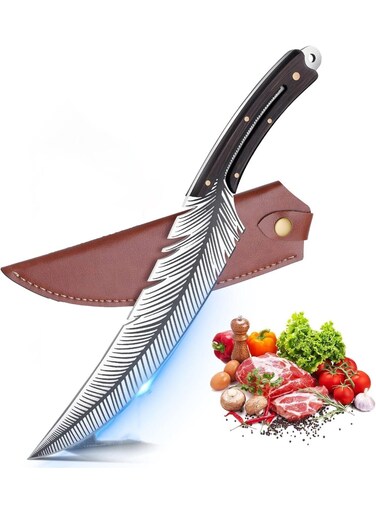 Hand-Forged Japanese Feather Knife, High Carbon Steel Viking Knife, Meat Cutting Boning Knife, Japanese Chef Knives, Kitchen Knife with Sheath