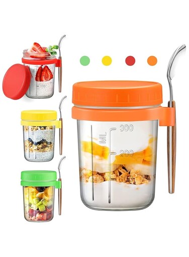 Doeek Overnight Oats Containers with Lids and Spoon, 16 oz Mason Jars with Airtight Lid for Overnight Oats Meal Prep Chia Yogurt Salad Fruit (4 Pack)
