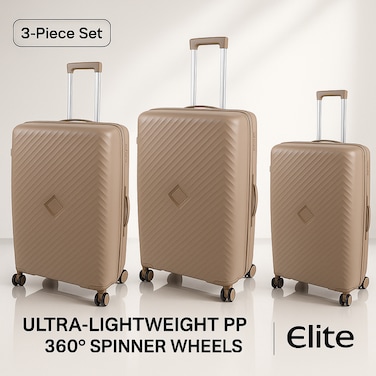 ELITE 3-Piece Hard-Shell Luggage Set (20/24/28) &ndash; Lightweight Spinner Suitcase &ndash; Beige Gold