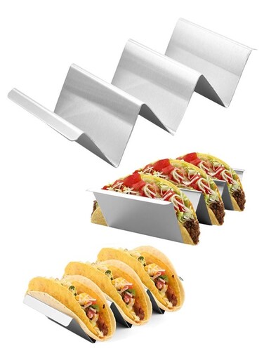 Holder Stainless Steel Taco Stand Rack with Handles Tortilla Holder Taco Tray Holds Up to 3 Tacos Suitable for Home and Restaurant Easy to Clean Silver