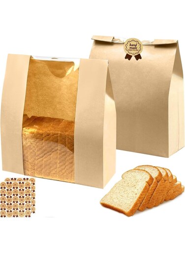 Pcs Kraft Paper Bread Bags, Brown Paper Lunch Bag, with Window, for Baked Food Packaging Storage Bakery Bags Sweet Bags, Label Seal Sticker Included, 32 X 21 X 10CM