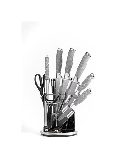 Cuisine Art 9-Piece Professional Kitchen Knife Set with Revolving Stand &ndash; Includes Chef, Cleaver, Slicing, Utility, Fruit Knives, Scissors, Sharpening Rod and Potato Peeler - Grey