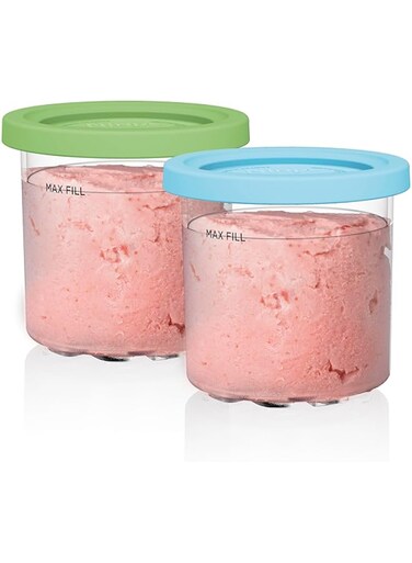 Ninja CREAMi Pints 2 Pack, Compatible with NC299AMZ &amp; NC300s Series CREAMi Ice Cream Makers, Genuine Ninja Pint, BPA-Free &amp; Dishwasher Safe, Color Lids, 1 Pint Each, Clear/Lime/Aqua, XSKPLID2CD