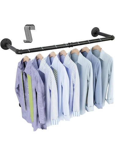 OROPY Industrial Pipe Clothing Rack 38.4", Heavy Duty Detachable Wall Mounted Clothes Rack Black Iron Garment Bar, Multi-purpose Hanging Rod for Closet Storage, Black (Two Base)