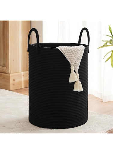TECHMILLY Black Woven Rope Laundry Basket , 58L Baby Nursery Hamper for Clothes Blanket Storage, Large Tall Laundry Hamper for College Dorm, Bedroom, Living Room