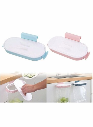 2Pack Portable Trash Bag Holder, Plastic Cupboard Hanging Garbage Bag Hanger with Lid for Kitchen Cupboard Cabinets Door Waste Bins Basket Trash Can Storage Rack (Pink, Light Blue)