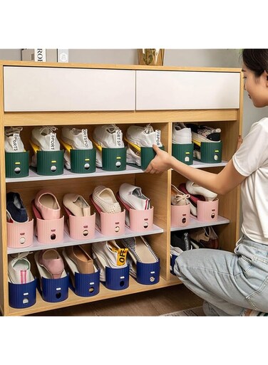 Shoe slot organizer, Shoe storage display rack, shoe that saves 50% of space, household shoe storage rack, adjustable thickened double-layer shoe rack.（Red+pink,6 PCS）