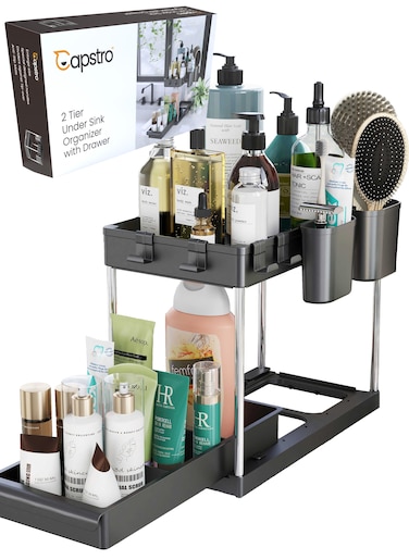 2 Tier Under Sink Organizer with Drawer: Multi-Purpose Storage Solution with Specialy designed Handle, Anti-Slip Mats, Additional 4 Hooks, 2 Cups, and Enlarged Size - Secret Black, Pack of 1