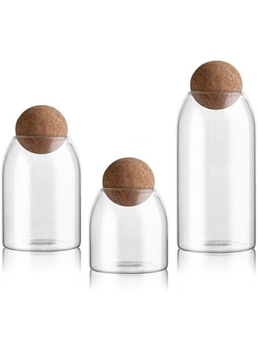 Zidao Glass Storage Jar with Wood Lid Ball Clear Candy Jar for Serving Tea Coffee 3Pcs,Brown