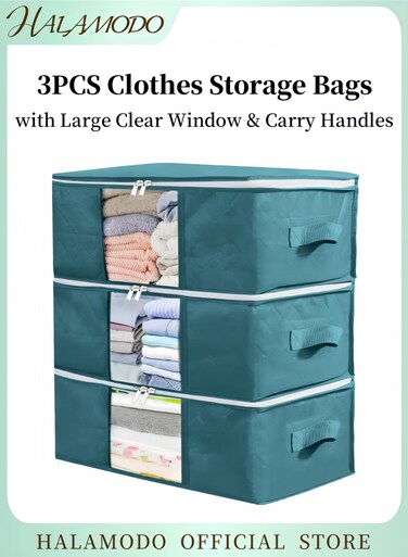 3PCS Large Capacity Foldable Fabric Storage Bags Stackable Organizers with Clear Window &amp; Reinforced Handles for Quilts &amp; Daily Home Organization