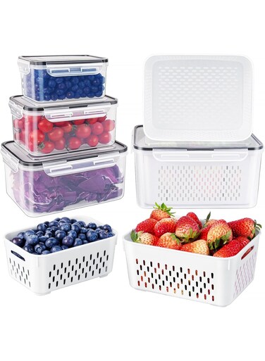 4 PCS Fruit Storage Containers for Fridge with Removable Colander, Airtight Food Storage Container, Dishwasher Safe Produce Saver Container for Refrigerator, Keep Berry Fruit Vegetable Fresh Longer