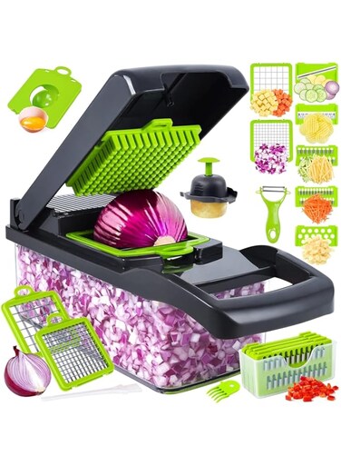 HMD E-MART Vegetable Chopper, 14-in-1 Kitchen Slicer Dicer, Multifunctional Food Cutter with 8 Blades and Container