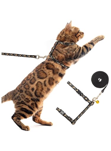 Cat Harness and Leash Set for Outdoor Walking Adjustable Soft and Leash Set Escape Proof Kitten Strap Collar for Walking Travel,Golden Star and Moon Design Glow in The Dark Black