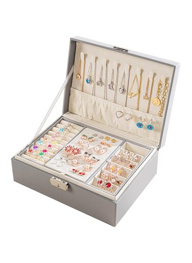 Jewelry Box Organizer, 2 Layer Jewelry Box, With Removable Compartments, Lockable Jewelry Box, Velvet Jewelry Box, for Women Girls, 23 x 17 x 8.5cm, Gray
