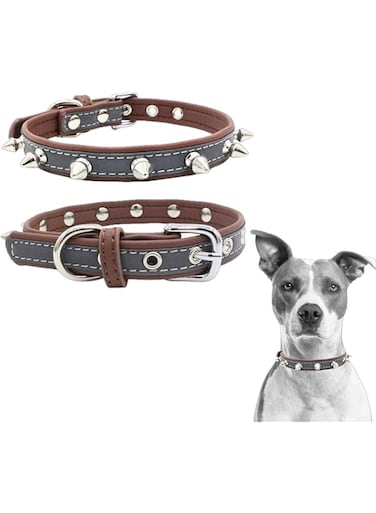 PETSARY Soft Genuine Spiked Dog Leather Collar - Spiked Studded Dog Anti-Biting Collar - Super Safety &amp; Quick Release - High Visibility Light Reflective for Big Dogs, Bulldog, Pugs, Cats Medium, Brown