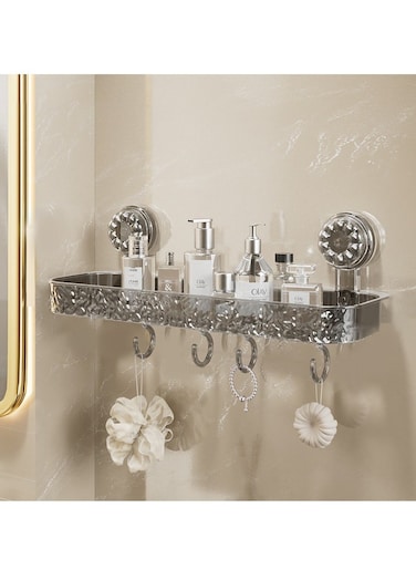 Inline Suction Cup Shelf, Shelf With Hooks, Suitable For Bathroom Toilet Toilet Hand Washing Sink, Toilet On The Hole-Free Wall Wall Hanging (Transparent Grey)