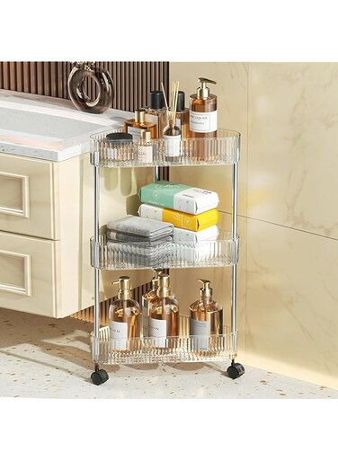 U-HOOME 3-Tier Clear Bathroom Storage Cart with Wheels, Modern Style Corner Shelf Organizer, Shower Caddy