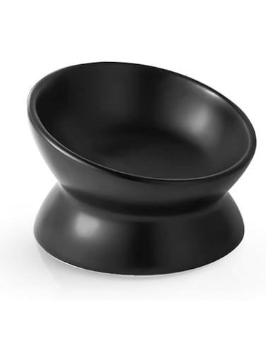 TERRIFI Ceramic Cat Food Bowl, 5 Oz Black Cat Water Bowl, Elevated, Tilted Pet Dish, Anti-Vomiting, Spine &amp; Whisker Fatigue Protection for Cats, Small Dogs