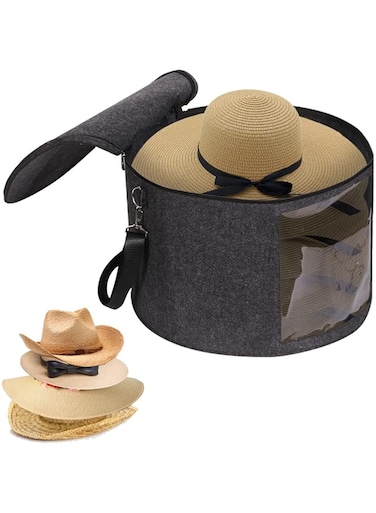 LITLANDSTAR Large Hat Boxes with Lid, 45 cm &times; 30 cm Foldable Round Felt Hat Storage Box with Handles and Shoulder Strap for Carrying and Storing Various Types of Hats, Dark Grey