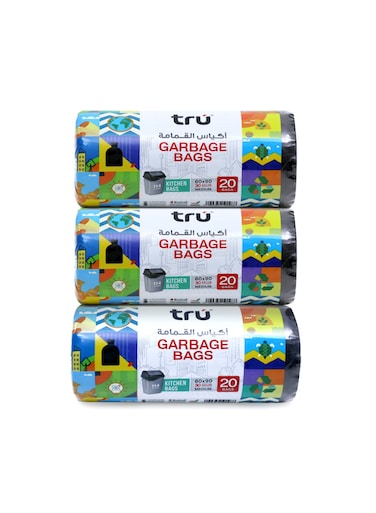 Pack of 3 - Garbage Bags Compact Roll Black, 30 Gallon, Medium (Kitchen Bin), 60x90cm - 20 Bags x 3 black
