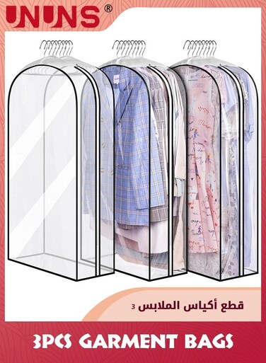 3-Piece Garment Bags,Clear Clothes Dust Cover With Zipper,40" Suit Bags For Closet Storage Hanging Clothes,Shirts,Coats,Dresses
