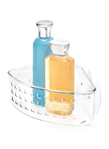 iDesign 41900 Basic Corner Shower Basket with Suction Cups, ClearPlastic
