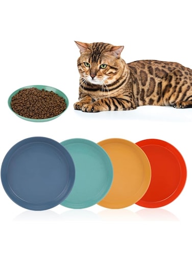 KALIONE 4 Pcs Shallow Cat Food Dish Cat Wet Food Flat Cat Bowls Whisker Fatigue Free Cat Food Bowls Cat Dishes for Food and Water Wide Cat Plate for Kittens and Short Legged Cat