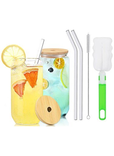 Drinking Glasses with Bamboo Lids and Glass Straw, Beer Can Shaped Glass Cups, Tumbler Cup Ideal For Beer, Tea, Soda, Iced Coffee Include Cleaning Brushes (2pcs,500ml*2)