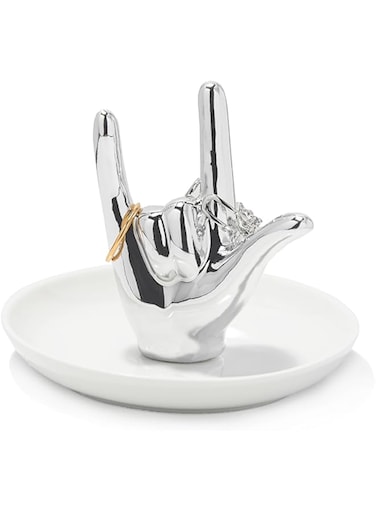 Lynagert I LOVE YOU Hand Ring Holder Ring Dish Ceramic Jewelry Holder Dish Trinket tray for Rings Earrings Necklace Organizer, Engagement Wedding Ring Holder, Christmas Birthday Gifts (Silver)